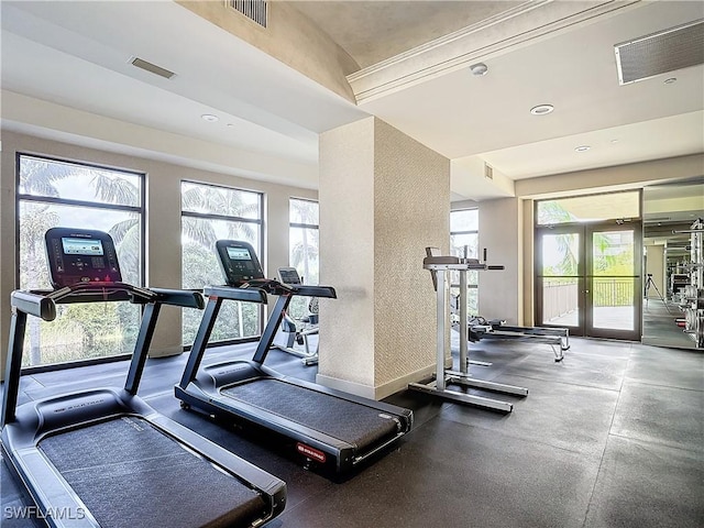 workout area featuring crown molding and french doors