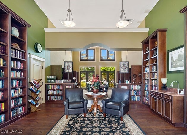 living area with sink, dark hardwood / wood-style floors, and a high ceiling