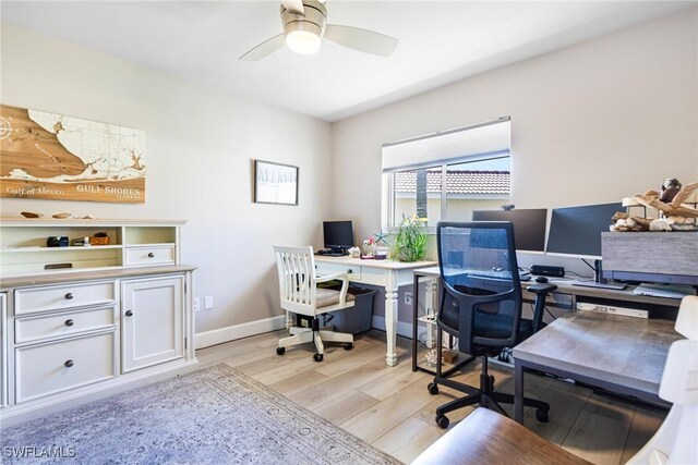 office space with ceiling fan and light hardwood / wood-style floors