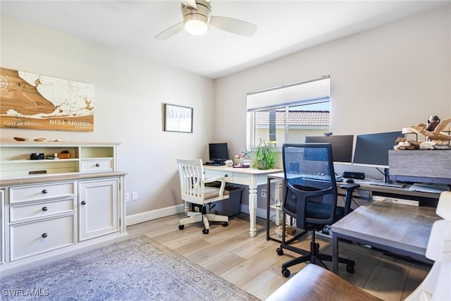 office space featuring baseboards, light wood-style floors, and ceiling fan