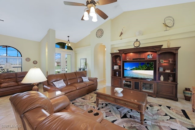 living room featuring french doors, high vaulted ceiling, ceiling fan, and light tile patterned floors