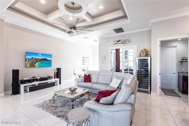 living room with beverage cooler, a high ceiling, coffered ceiling, ceiling fan, and crown molding