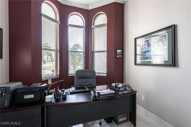 tiled office space with crown molding