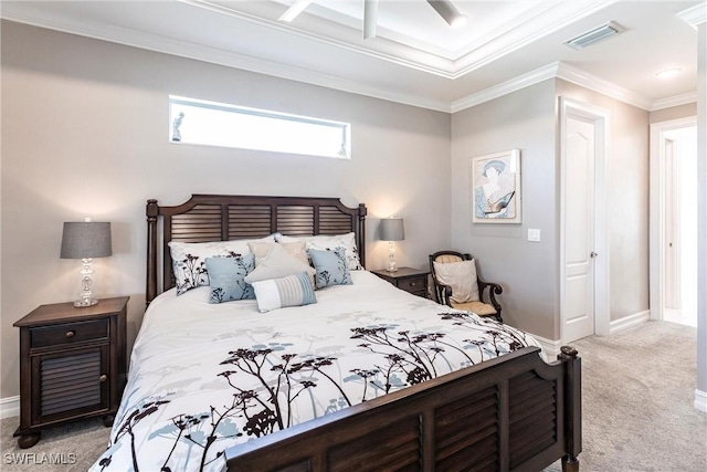 carpeted bedroom featuring ceiling fan and ornamental molding