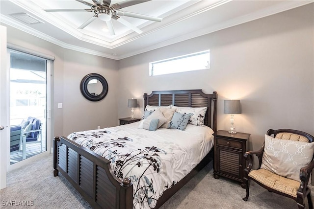 bedroom featuring light carpet, access to exterior, ornamental molding, and ceiling fan