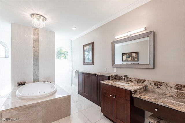 bathroom with a notable chandelier, crown molding, a relaxing tiled tub, and vanity