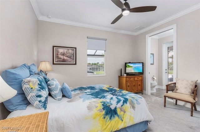 bedroom with light colored carpet, ornamental molding, ceiling fan, and ensuite bathroom