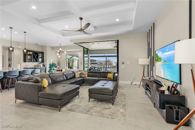 living area with recessed lighting, ceiling fan, coffered ceiling, beamed ceiling, and baseboards