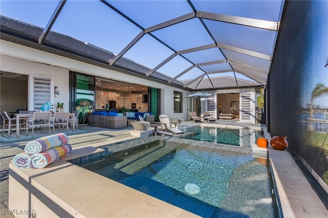 view of swimming pool featuring an outdoor hangout area, a patio, outdoor dining space, and a pool with connected hot tub