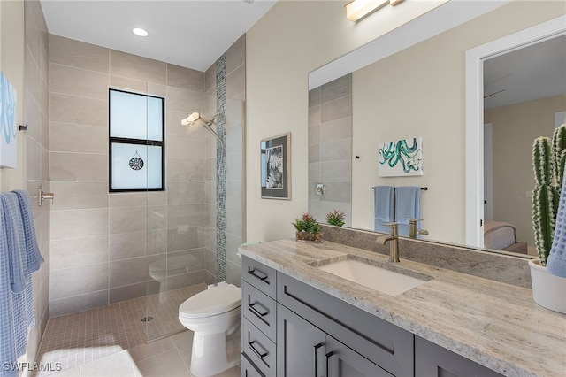 full bath featuring recessed lighting, toilet, vanity, walk in shower, and tile patterned floors