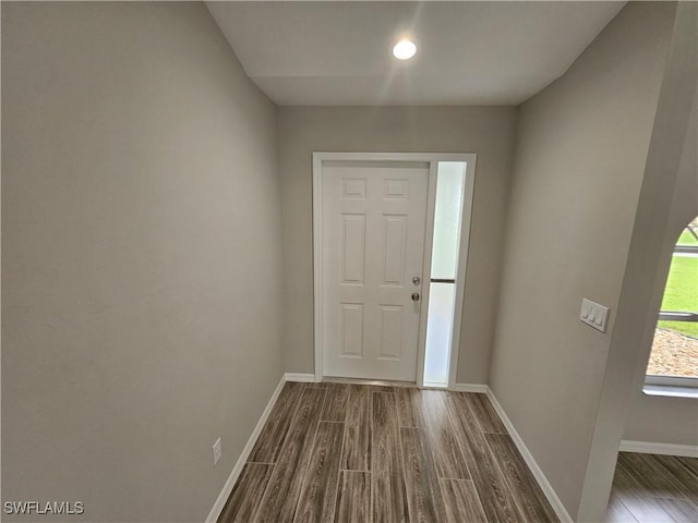 doorway with dark hardwood / wood-style floors