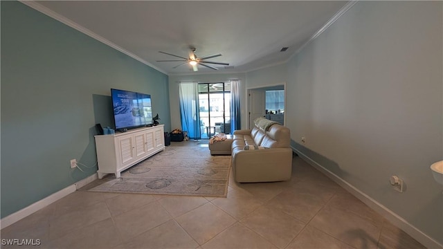 tiled living room featuring crown molding and ceiling fan