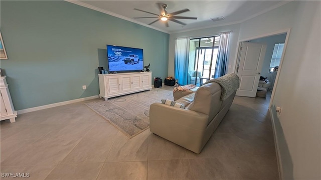 living room featuring crown molding, ceiling fan, and light tile patterned floors