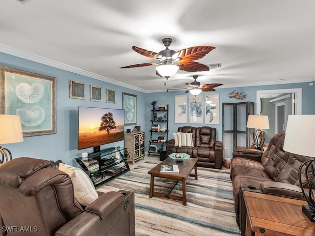 living room with crown molding and ceiling fan