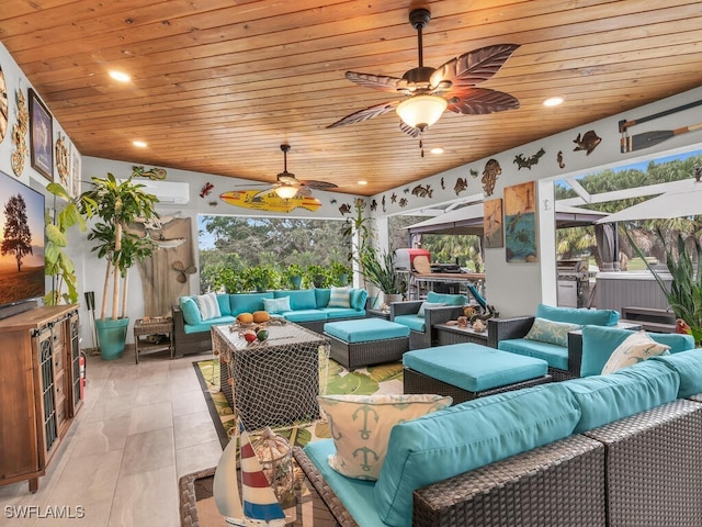 view of patio with ceiling fan, a grill, and outdoor lounge area