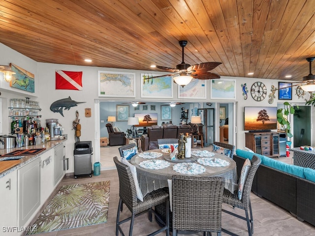 dining space with wooden ceiling, ceiling fan, and light tile patterned flooring