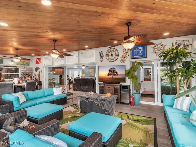 living room featuring wood ceiling