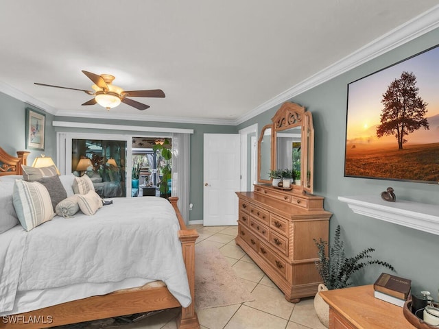 bedroom with crown molding, ceiling fan, multiple windows, light tile patterned flooring, and access to outside