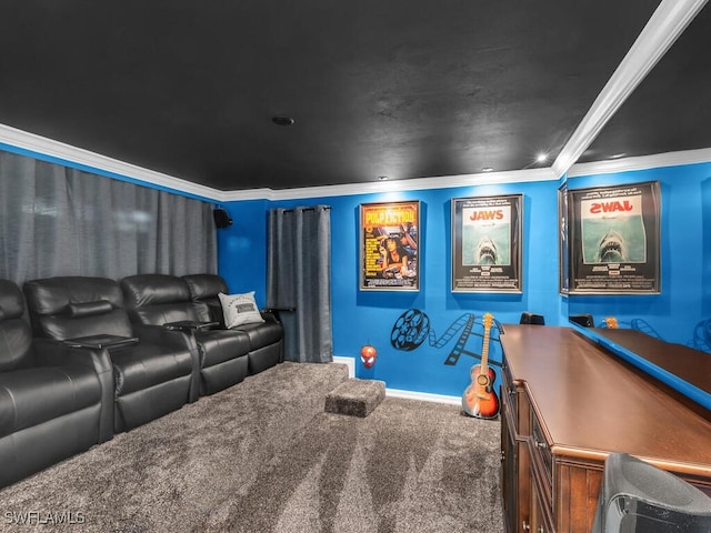 carpeted cinema with crown molding