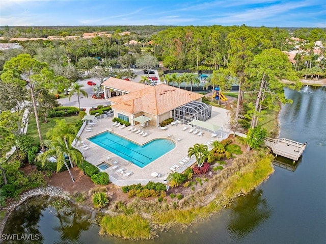 drone / aerial view with a water view