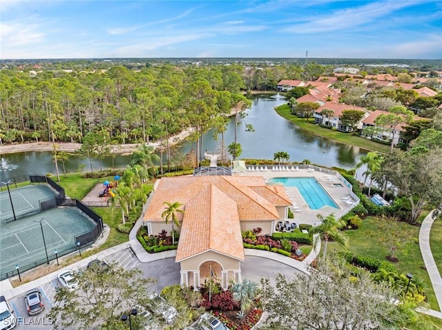 drone / aerial view featuring a water view