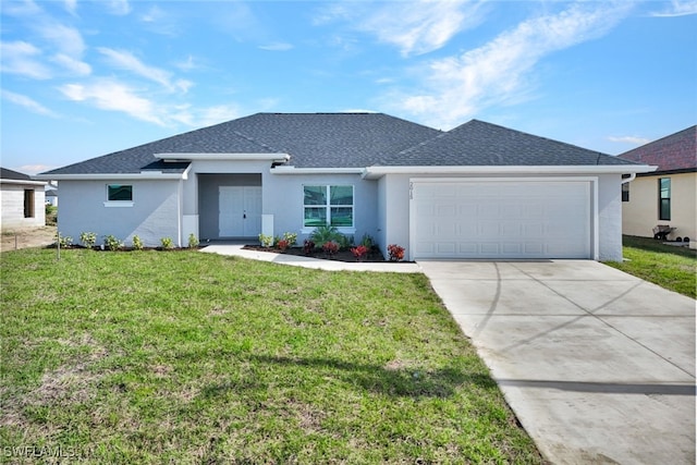 single story home with a garage and a front yard