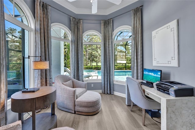 office space with ornamental molding, ceiling fan, and light hardwood / wood-style flooring