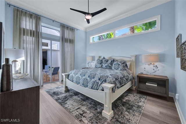 bedroom with ceiling fan, ornamental molding, light hardwood / wood-style flooring, and access to outside