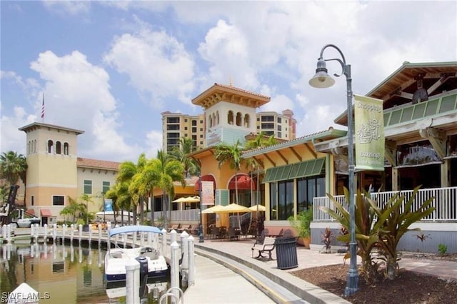 view of building exterior with a water view