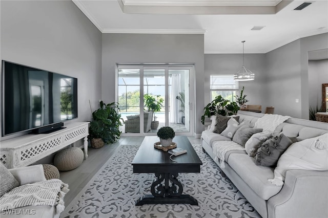 living room featuring an inviting chandelier, a healthy amount of sunlight, crown molding, and light wood-type flooring