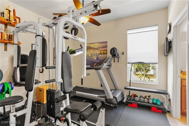 workout room with ceiling fan