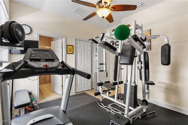 workout area with ceiling fan