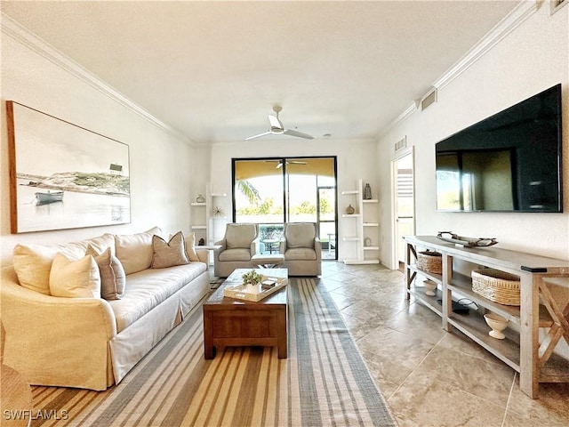 living room featuring ceiling fan and ornamental molding