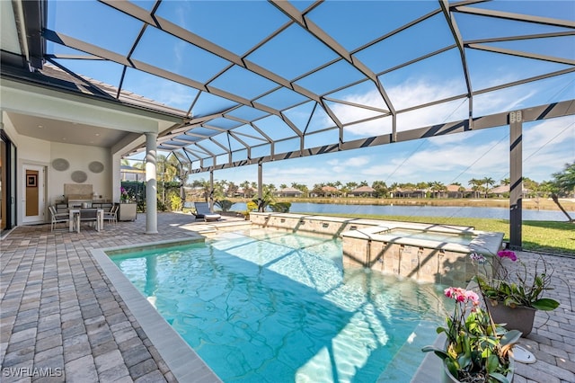 view of swimming pool with a patio, a hot tub, a water view, and glass enclosure