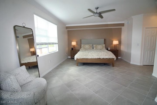 bedroom with crown molding and ceiling fan