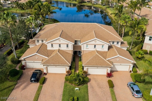 aerial view featuring a water view