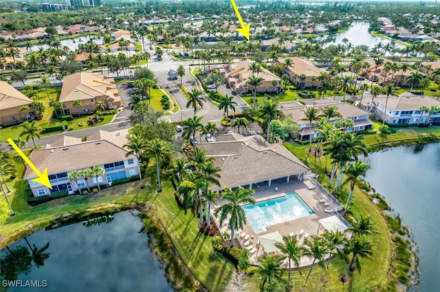 aerial view featuring a water view