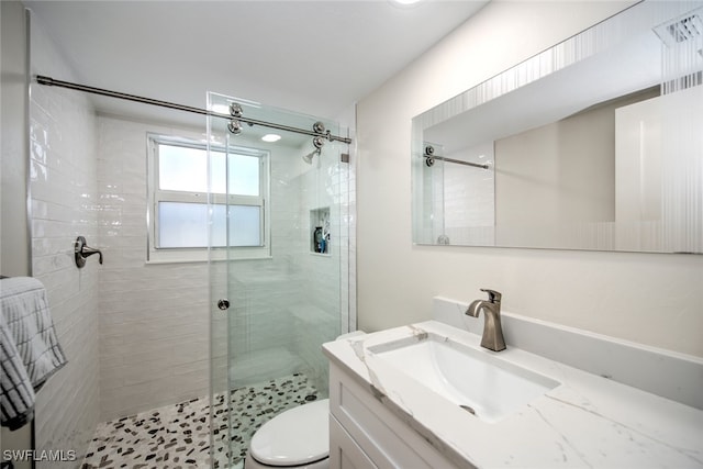 bathroom with a shower with door, vanity, and toilet