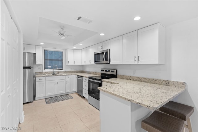 kitchen featuring sink, a kitchen breakfast bar, a raised ceiling, stainless steel appliances, and white cabinets