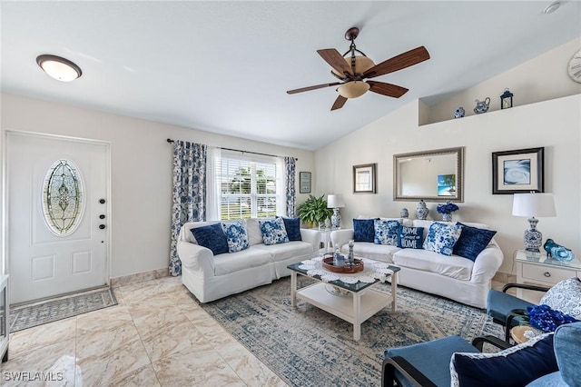 living room with vaulted ceiling and ceiling fan