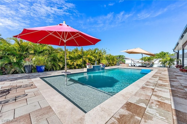 view of swimming pool featuring a patio area