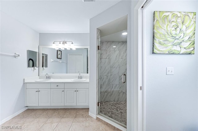 bathroom with vanity, tile patterned flooring, and a shower with door