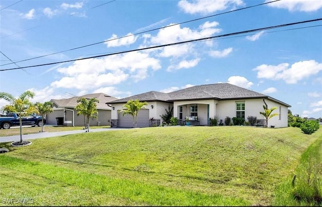 ranch-style home with a garage and a front yard