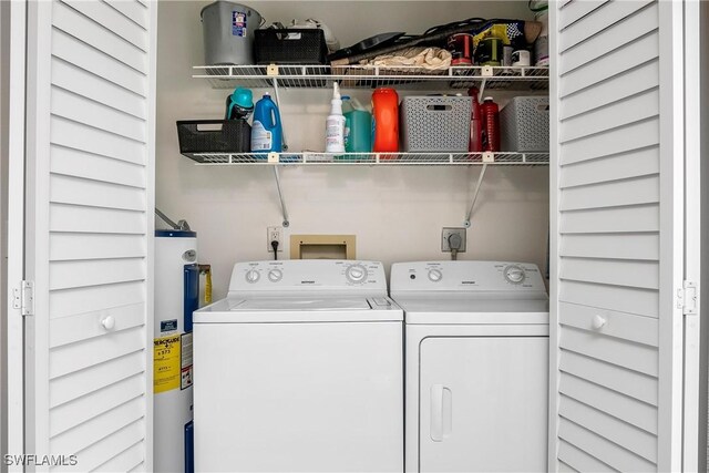 laundry area featuring water heater and washing machine and clothes dryer