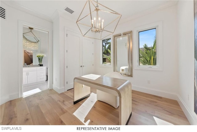 office with light wood-type flooring, an inviting chandelier, baseboards, and visible vents