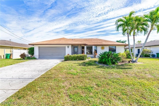 single story home with a garage and a front lawn