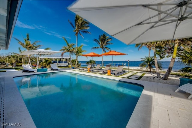 view of pool featuring a patio area and a water view