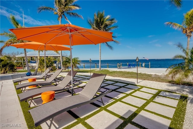 view of property's community featuring a water view and a view of the beach