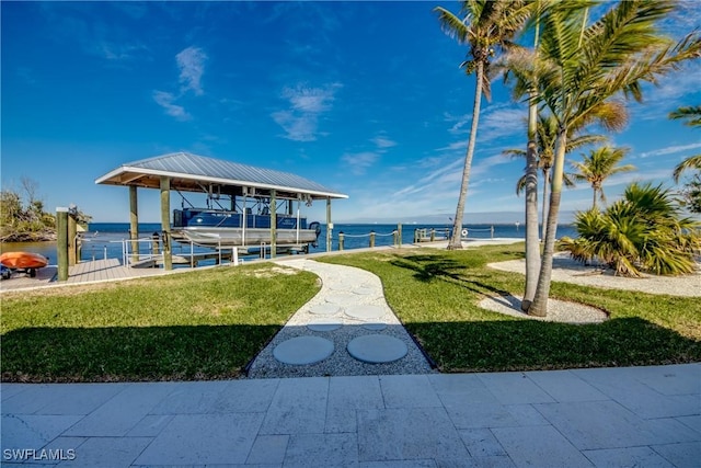 dock area with a water view and a yard