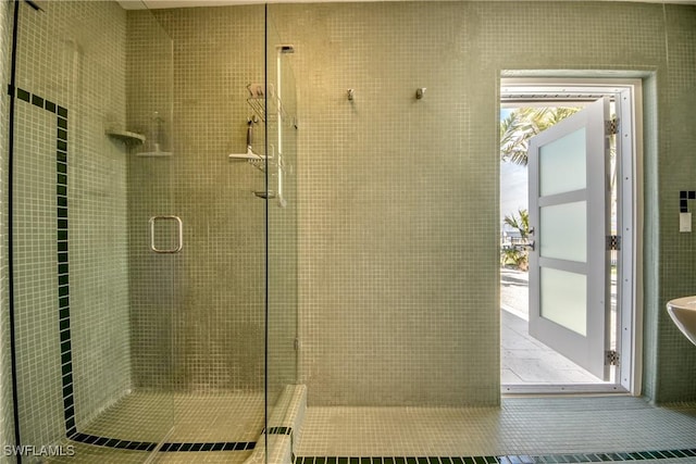 bathroom with tile patterned flooring, a shower with shower door, and a healthy amount of sunlight